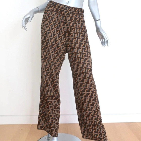 Fendi Pants - Fendi FF Logo Print Pajama Trousers Brown/Black Silk Twill Size 44